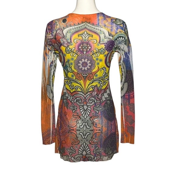 Viviana G Tee's Vibrant Psychedelic Print Mesh Top Stretchy Long Sleeve sz Large - Picture 2 of 10